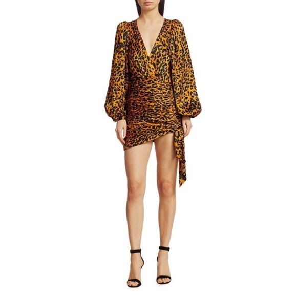 NWT Ronny Kobo leopard animal print statement sleeve faux wrap mini dress, M - Picture 9 of 16